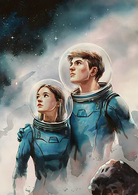 space cowboy Realistic Watercolor of Space Explorers in Cosmic Suits