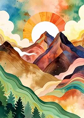 Watercolor Mountain Landscape
