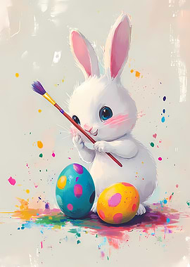 Cute Easter Bunny Painting Eggs