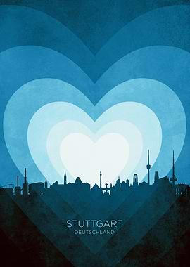Stuttgart Germany Skyline Hearts Blue