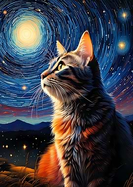 Starry Night Cat Landscape