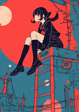 Girl on Rooftop with Red Moon