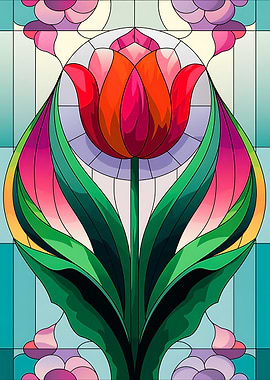 Colorful Tulip in Geometric Art Stained Glass