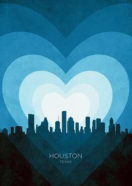 Houston Texas Skyline Hearts Blue