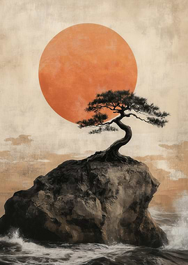 Traditional Bonsai Tree Sunset Artwork
