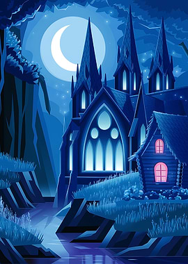 Magical Blue Castle and River Reflection Under the Stars