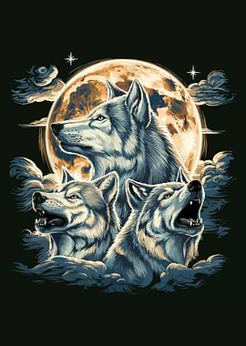 Wolf Pack Under Full Moon