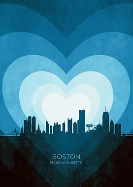 Boston Massachusetts Skyline Hearts Blue