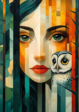 Woman and Owl in Forest