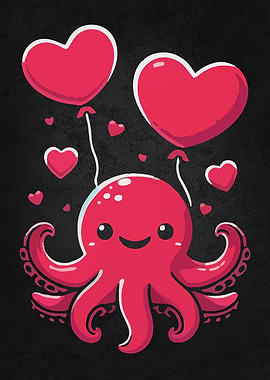 Adorable Love Octopus with Heart Balloons