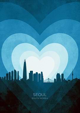 Seoul Skyline South Korea Hearts Blue