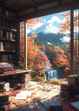 Autumn View from Library Japanese Landscape