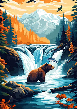 Bear by Waterfall