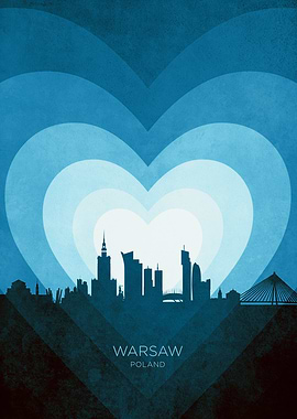 Warsaw Poland Skyline Hearts Blue
