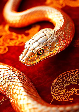 Golden Snake on Red Background