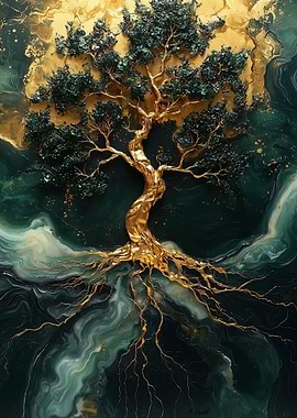 Golden Tree on Green Marble