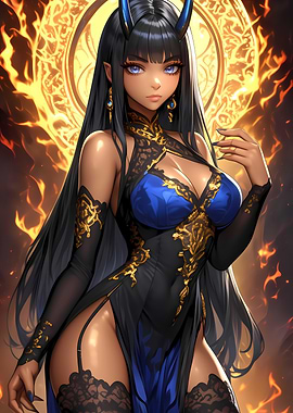 Anime Girl Demoness in Blue and Gold Gaming