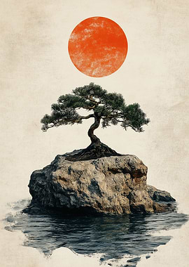 Traditional Bonsai Tree and Red Sun