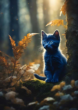 Blue Kitten in Autumn Forest
