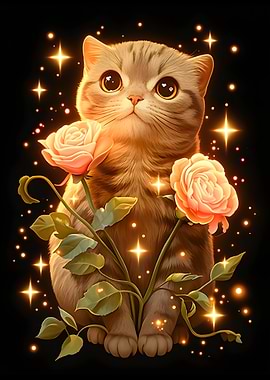 Cat with Roses and Stars
