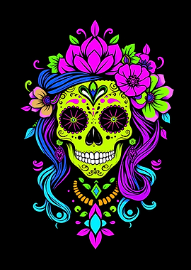 Neon Sugar Skull with Flowers