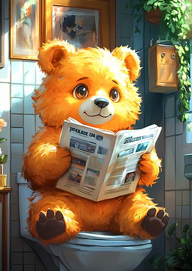 Bear Reading Newspaper on Toilet Funny