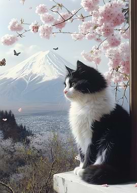 Cat Watching Mt. Fuji Japanese Landscape