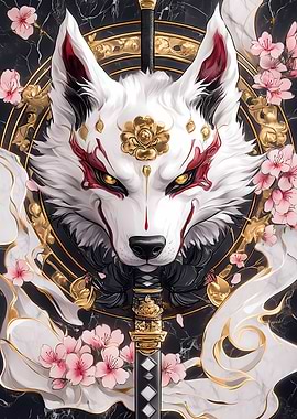 White Akita Dog with Katana Animal