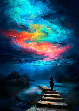 Woman Walking Towards Colorful Sky