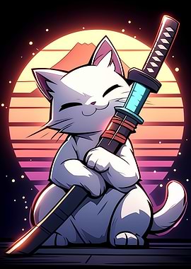 Cat Samurai Retro Art