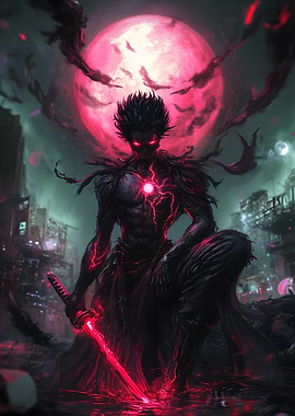 Red Moonlight Japanese Samurai