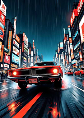 Red Charger in Tokyo Rain