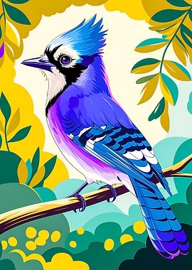 Bleu Indigo Jay Bird on Tree Branch