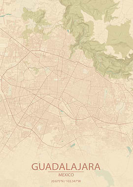 Guadalajara Mexico Vintage Style City Map