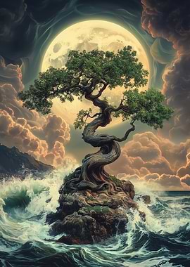 Lonely Bonsai Tree Under Full Moon