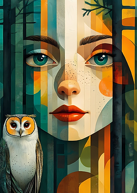 Woman and Owl in Abstract Forest