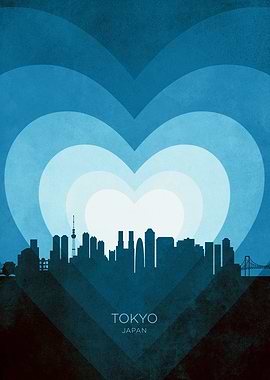 Tokyo Japan Skyline Hearts Blue