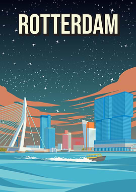 Rotterdam Holland Skyline Travel Art At Night