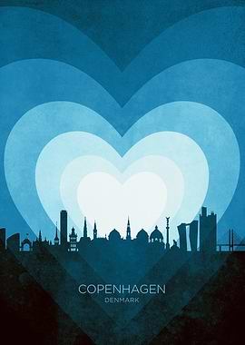 Copenhagen Denmark Skyline Hearts Blue
