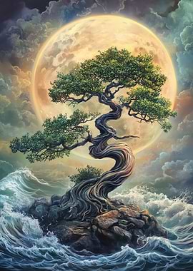 Bonsai Tree Under Full Moon Artwork