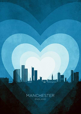 Manchester England Skyline Hearts Blue