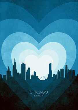 Chicago Illinois Skyline Hearts Blue