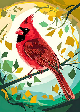 Stylized Cardinal in Colorful Forest