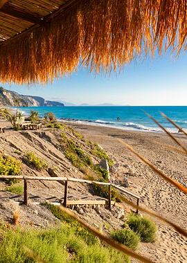 View of the Beach from the Holiday Terrace, Lefkada, Greek Island