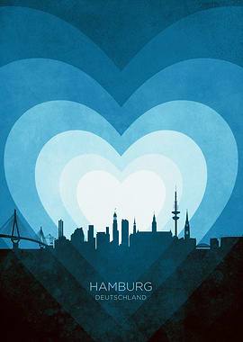 Hamburg Germany Skyline Hearts Blue