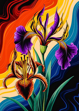 Vibrant lily Iris Blooms in Abstract Waves