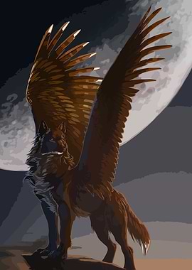 Winged Wolf Under Moon