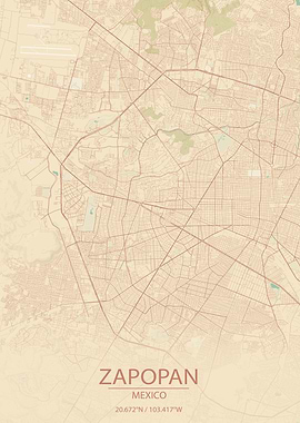 Zapopan Mexico Vintage Style City Map