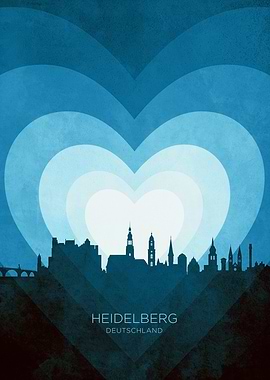 Heidelberg Germany Skyline Hearts Blue