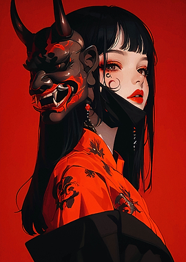 Anime Girl with Oni Mask